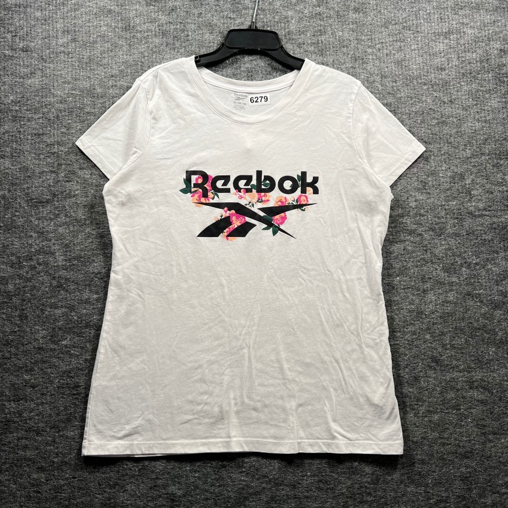 Reebok Womens Floral Logo Graphic T-Shirt White Short Sleeve XL